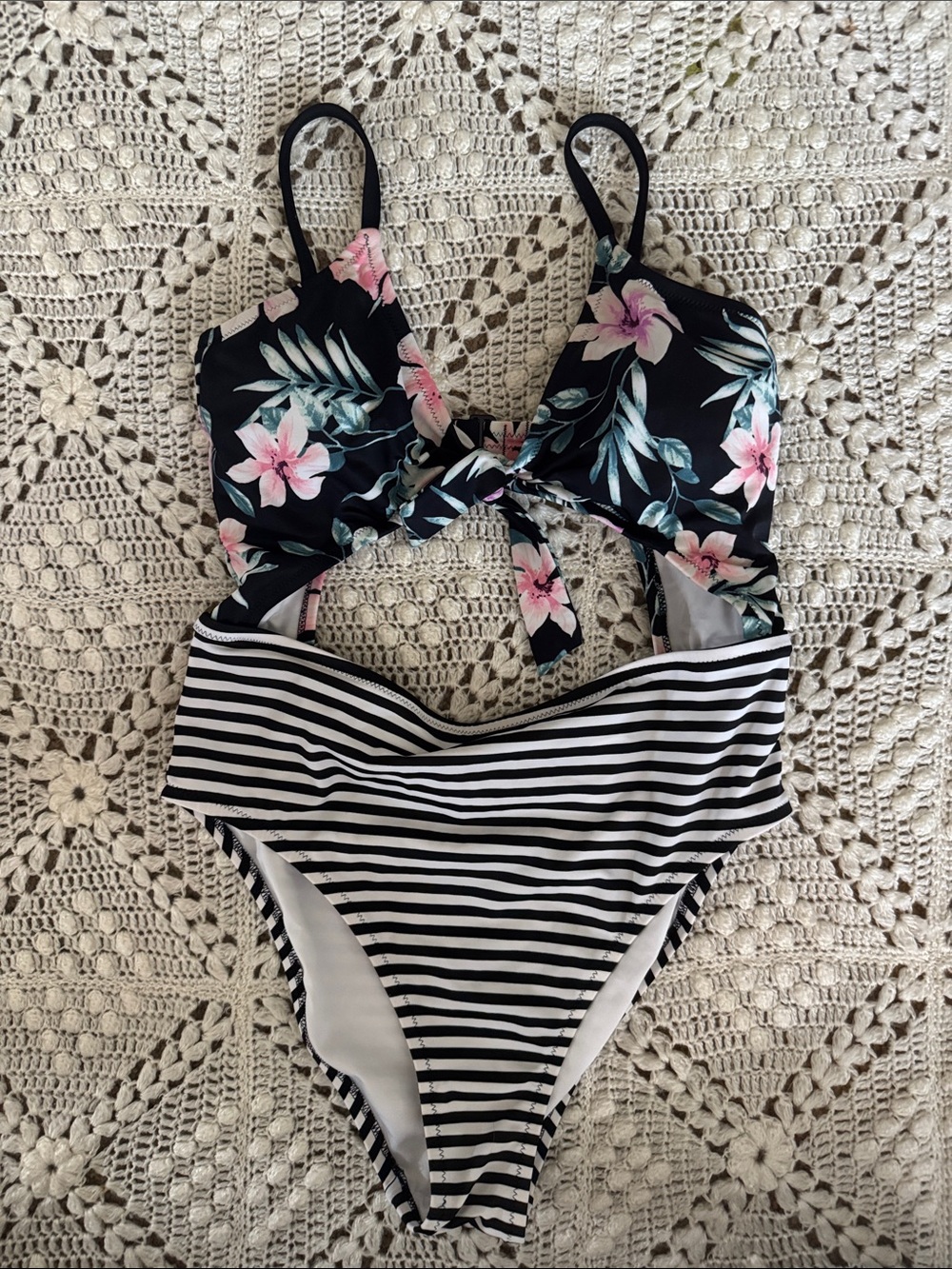 PINK Victoria's Secret Black Floral & Black-White Stripe Bikini